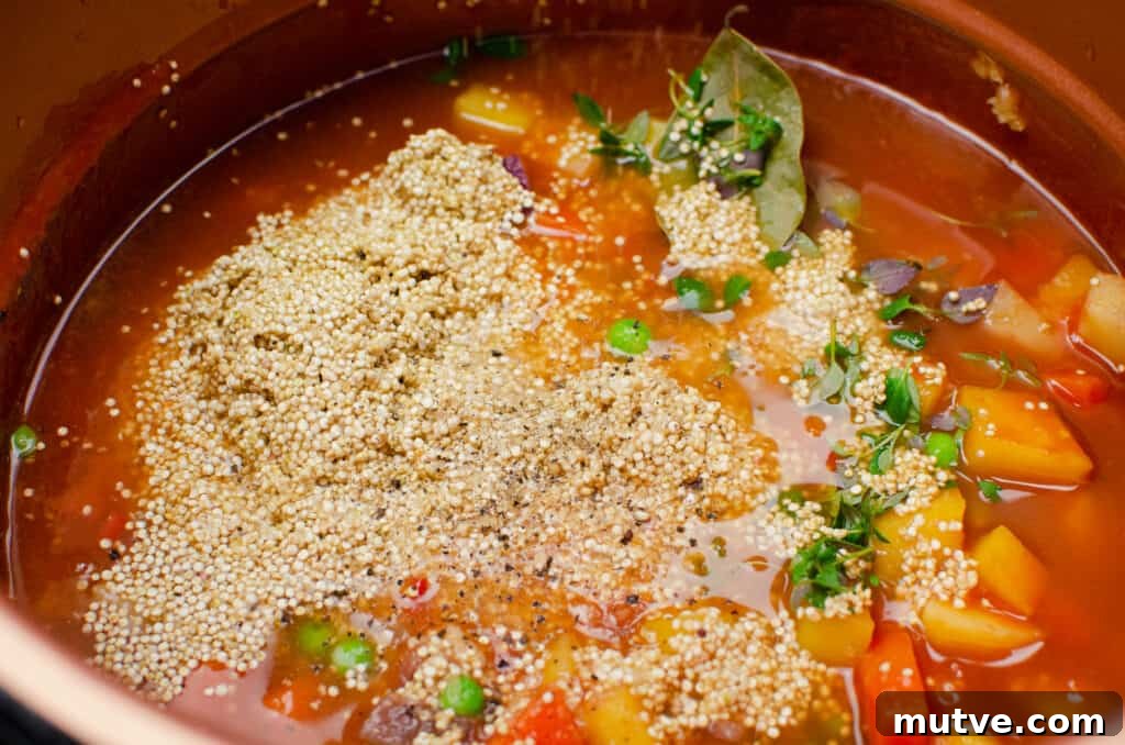 One-Pot Quinoa Vegetable Stew 4 Salt and pepper being added to the vegetable stew in a pressure cooker pot