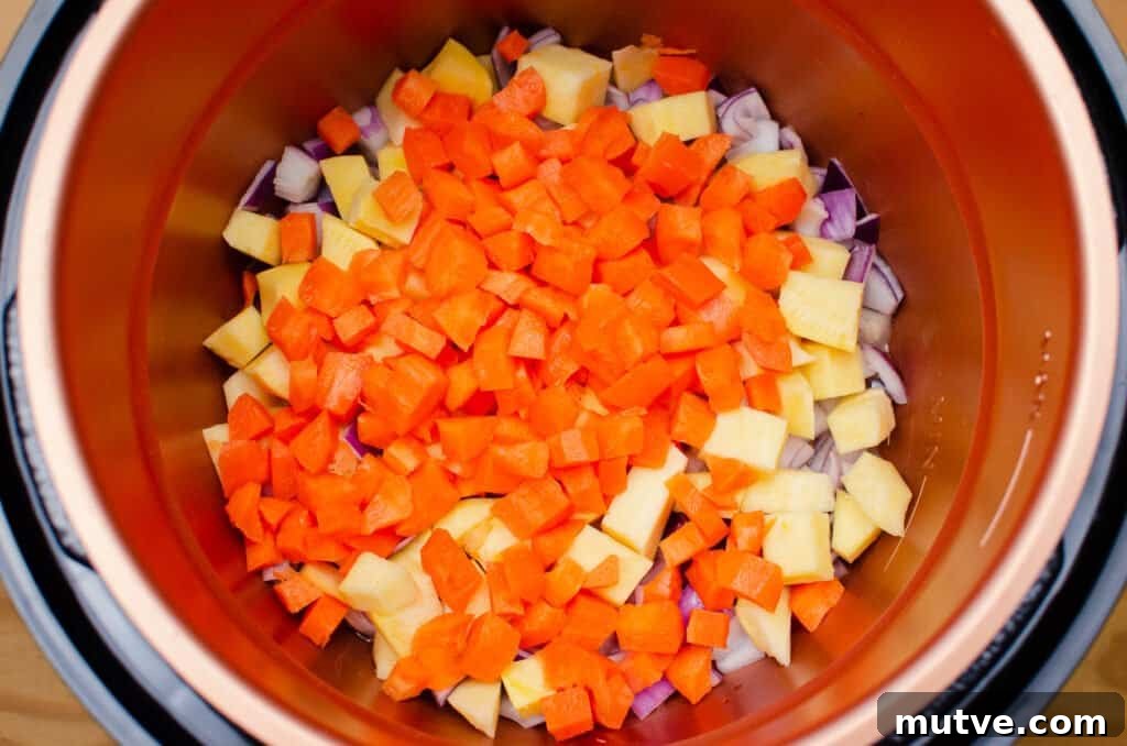 One-Pot Quinoa Vegetable Stew 6 Chopped Carrot, Swede and red onion frying in olive oil in a pressure cooker pot