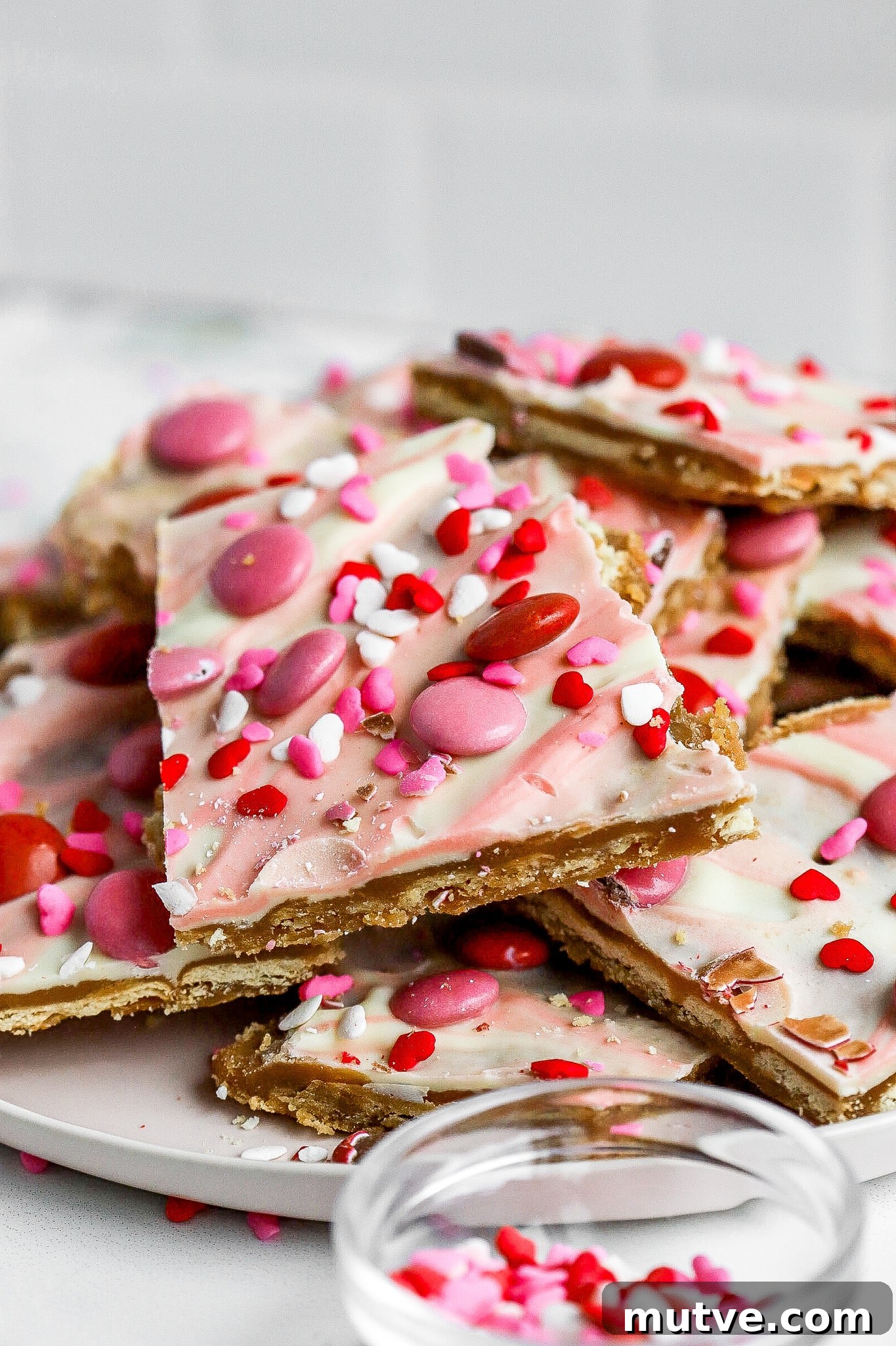 Valentine's Saltine Cracker Toffee Recipe 6 close up view of Valentine's Day saltine cracker candy