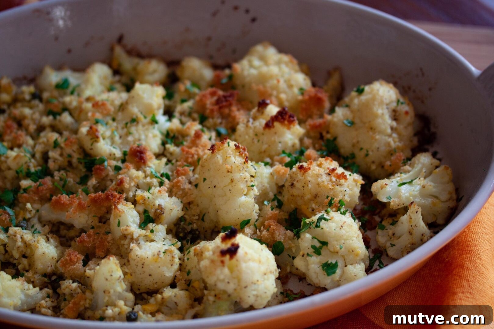 Close up of the ready to eat cauliflower polonaise.