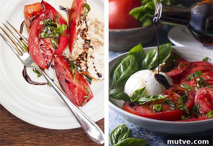 Side by side photos of tomato burrata salad showing an old photo and a new photo.