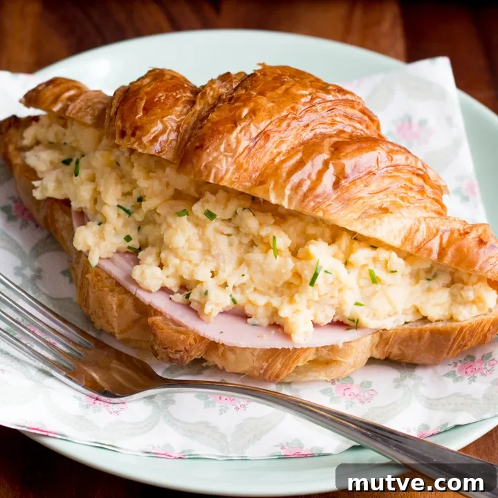 A croissant filled with ham and cheese and chive scrambled eggs.