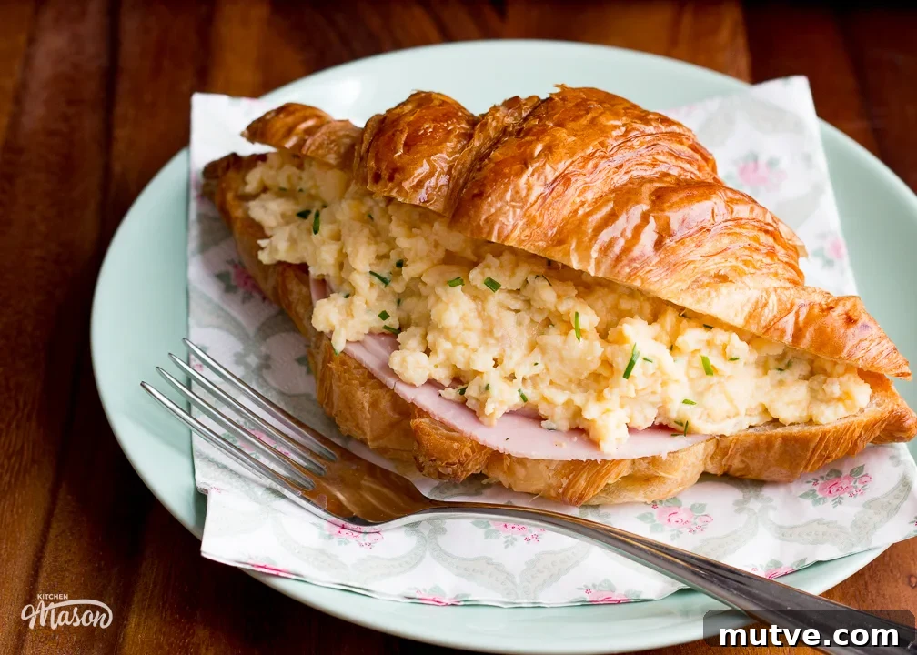 Cheese and Chive Scrambled Egg Croissant Recipe 16 Cheese and chive scrambled eggs in a croissant with ham, on a plate.