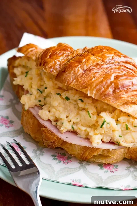 Cheese and Chive Scrambled Egg Croissant Recipe 3 A cheese and chive scrambled egg croissant on a plate with a napkin.
