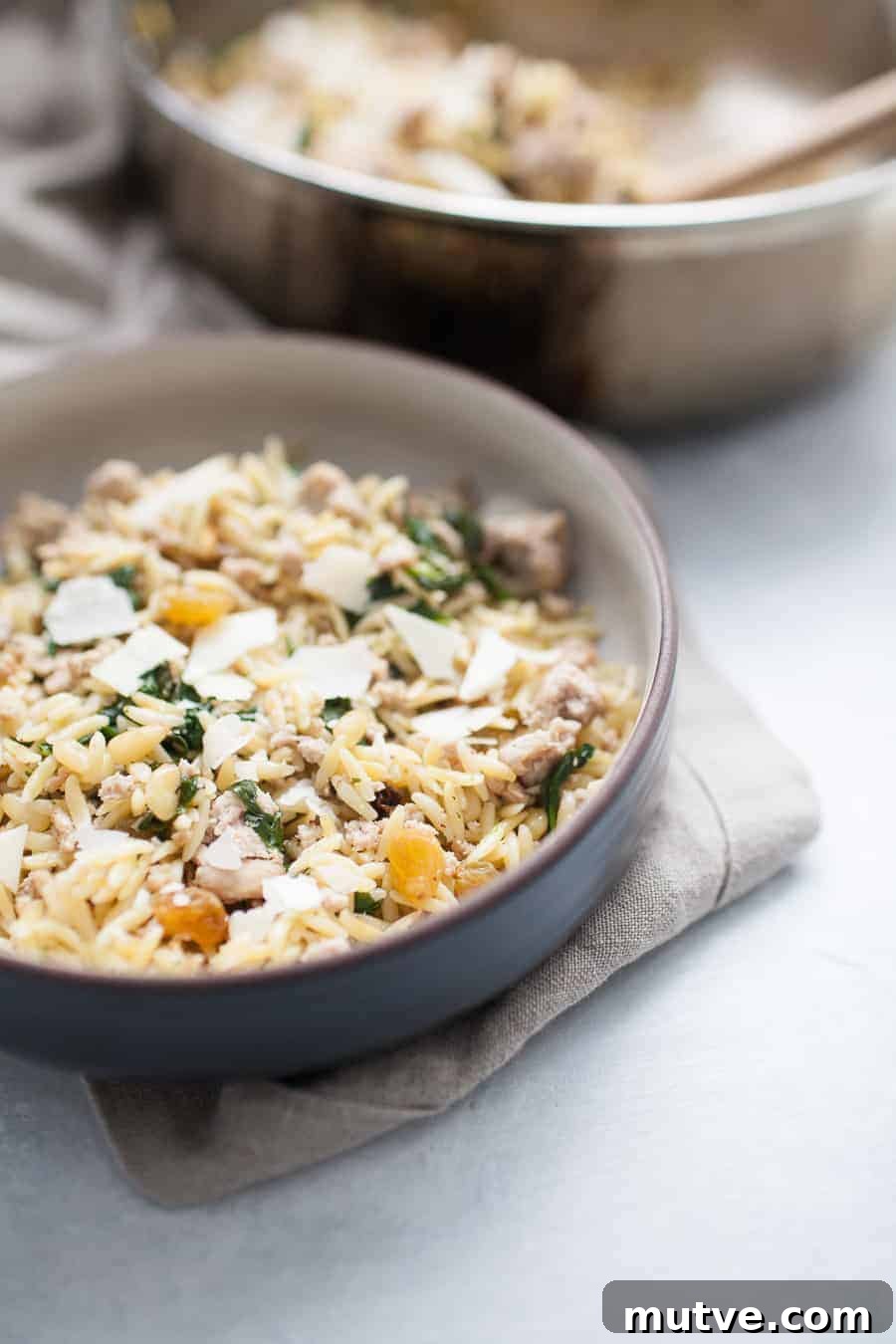 One-Pot Ground Turkey Pasta Recipe 3 A bowl of chicken risotto with oranges and pine nuts.