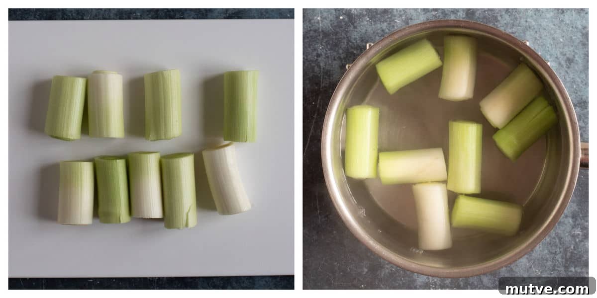 Cheesy Leek Gratin: Creamy Baked Leeks 4 Preparing the leeks for the leeks in cheese sauce recipe.