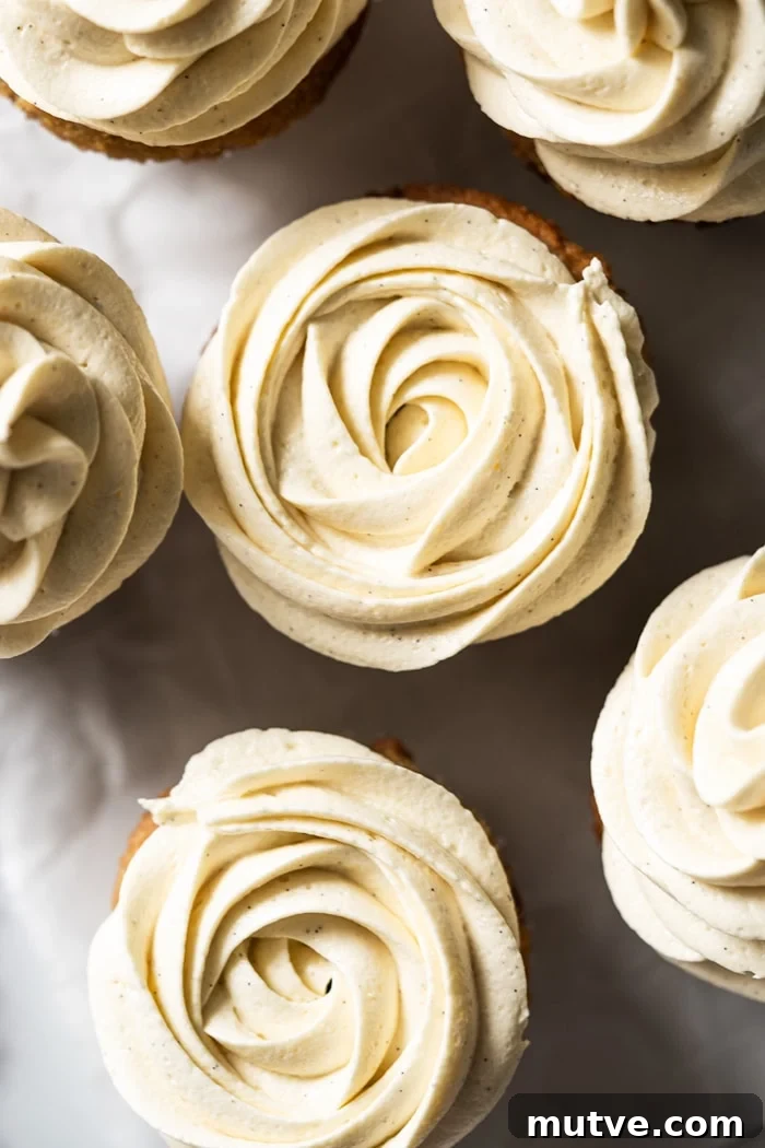 Fluffy Keto Vanilla Cupcakes: Gluten-Free and Paleo 5 Closeup Keto vanilla buttercream frosting piped into rosettes