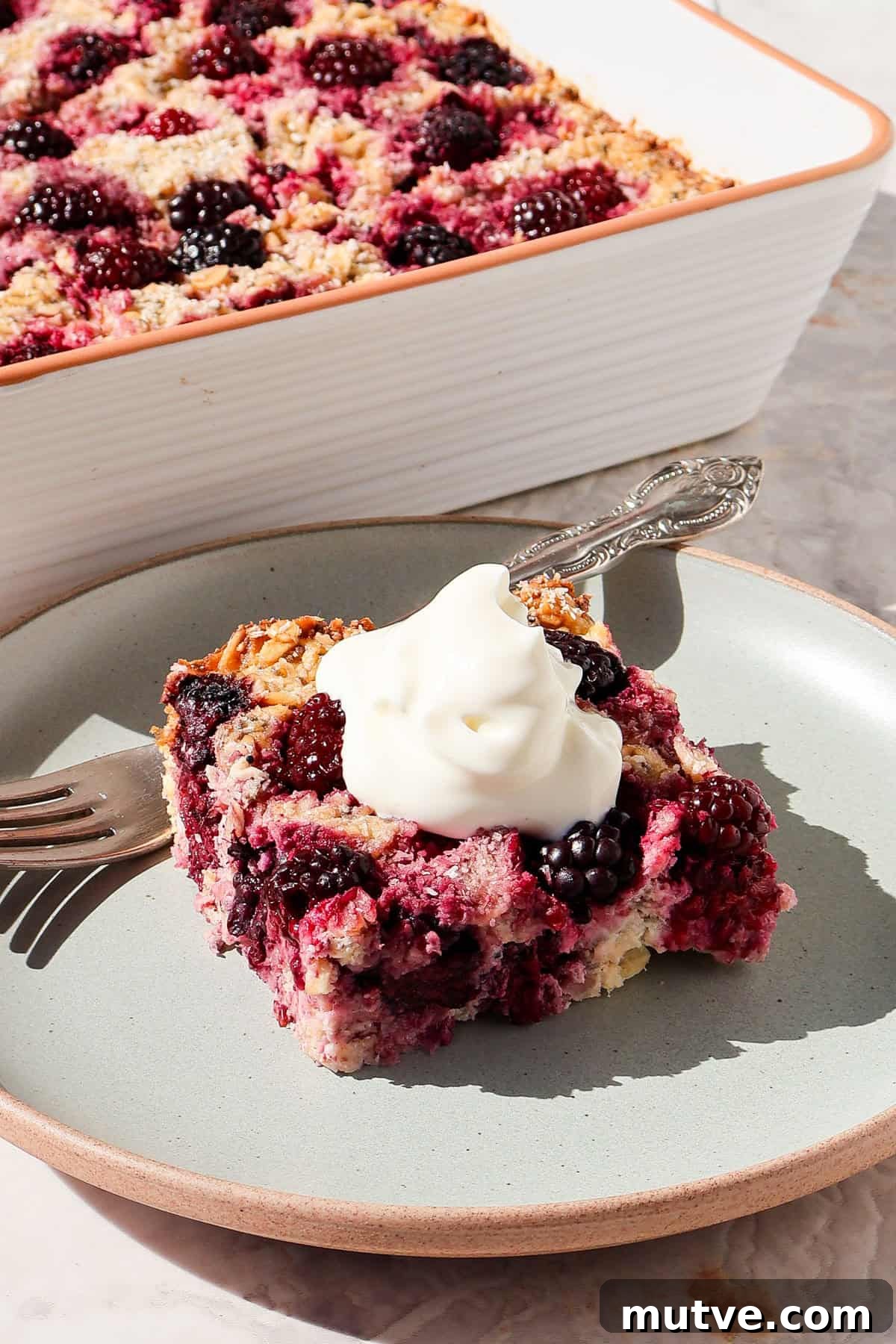 Blackberry Baked Oatmeal Recipe for Breakfast 2 Side shot of the blackberry baked oatmeal served on a plate topped with yoghurt.