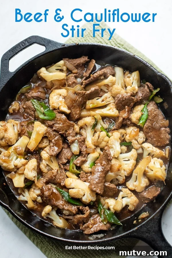 Beef and Cauliflower Stir Fry Recipe Low Carb, Keto and Healthy | EatBetterRecipes.com Beef and Cauliflower Stir Fry in a skillet