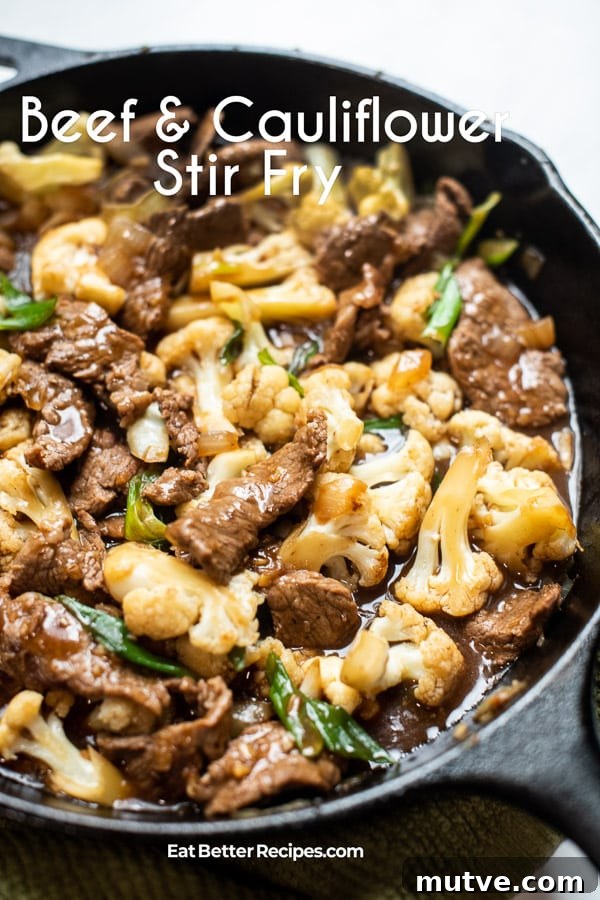 Beef and Cauliflower Stir Fry Recipe Low Carb, Keto and Healthy | EatBetterRecipes.com Beef and Cauliflower Stir Fry in a skillet