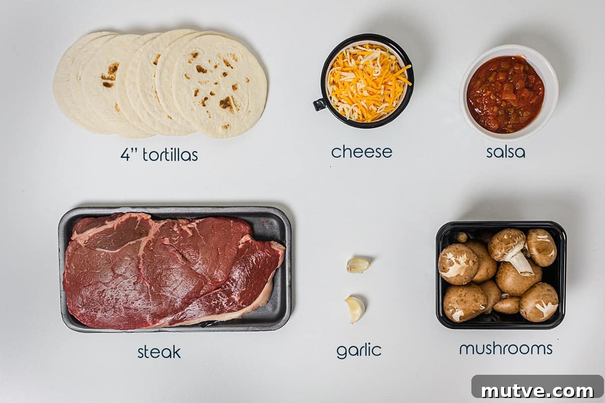 Ingredients for Mexican baked tortillas with beef, portabellas, and cheese on a counter.