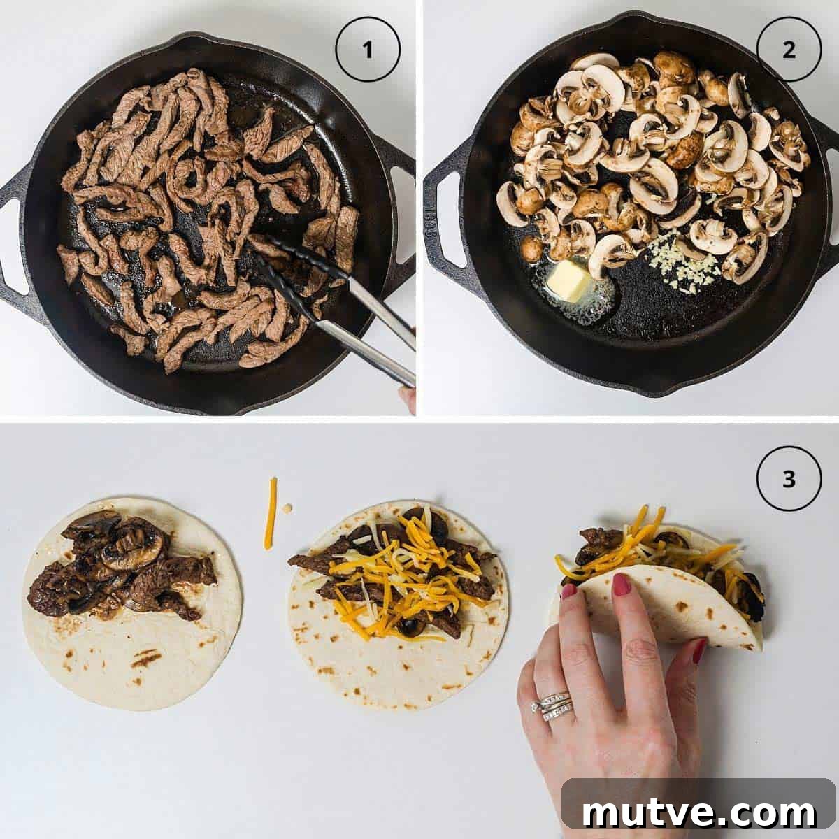 Beef steak strips in a cast-iron skilled, sliced mushrooms in a skillet, and a person assembling quesadillas in steps.