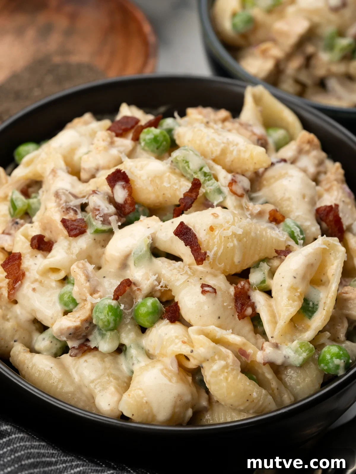 Creamy Chicken and Bacon Pasta Salad 2 Shell pasta with diced grilled chicken, crispy bacon, peas, bell peppers, onion tossed in a mayo dressing.