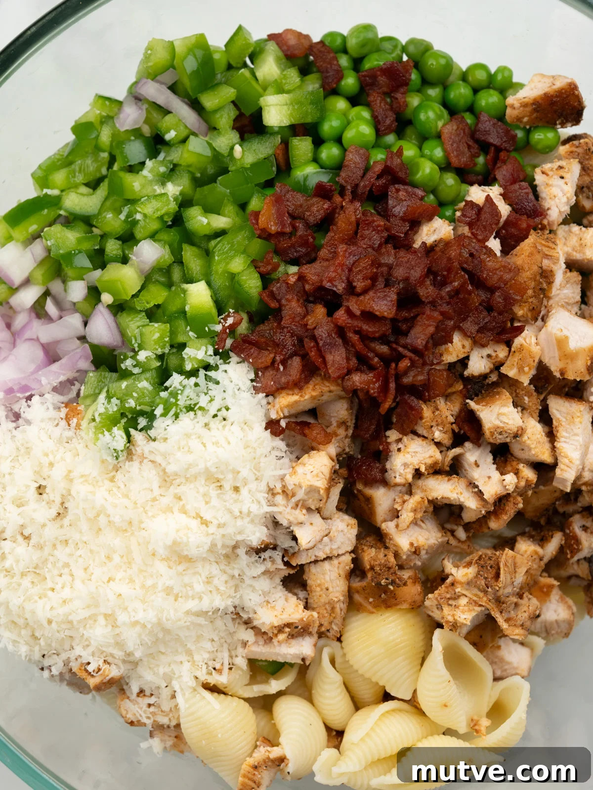 Creamy Chicken and Bacon Pasta Salad 8 Shell pasta with diced grilled chicken, crispy bacon, peas, bell peppers, onion.