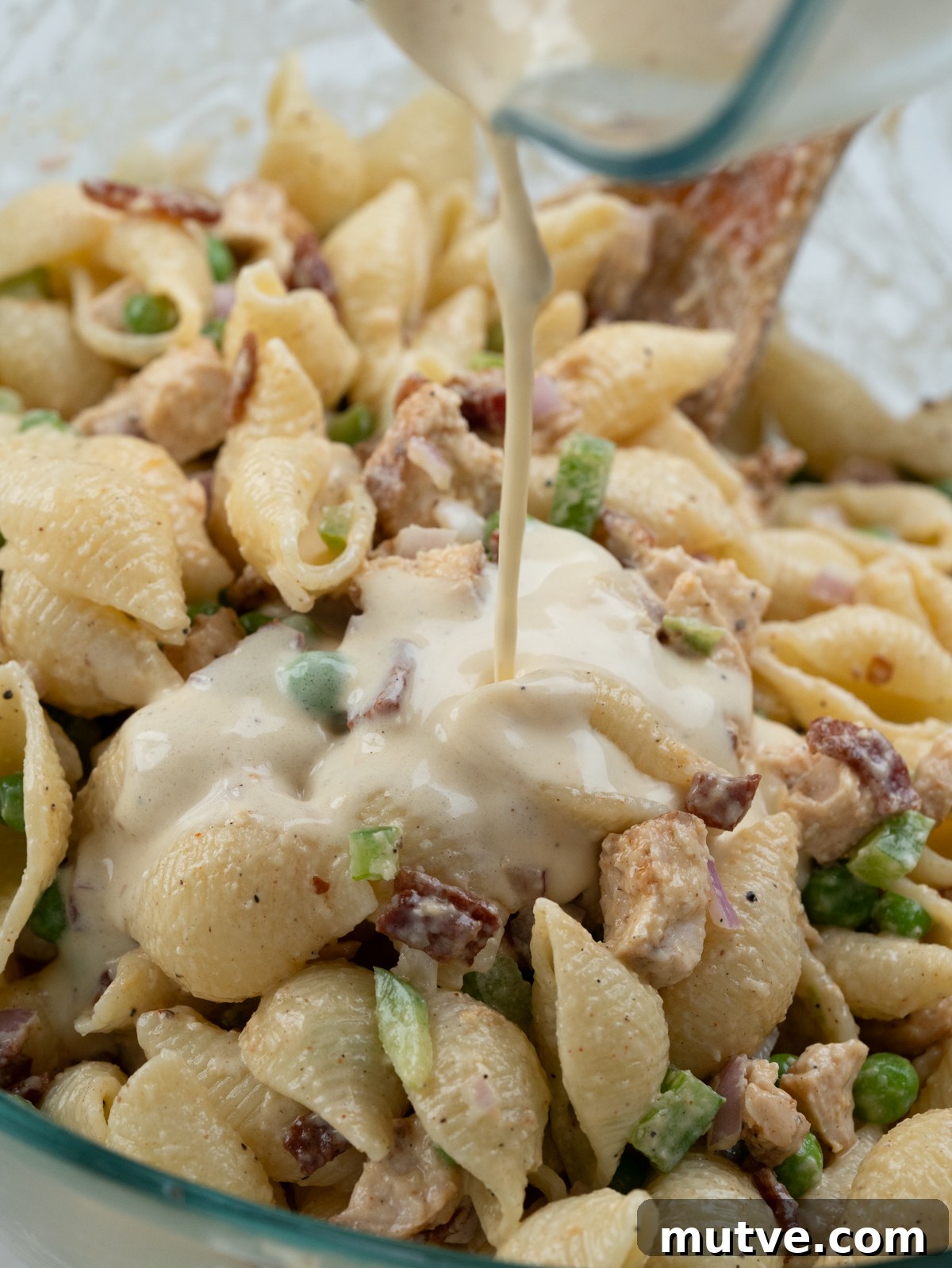 Creamy Chicken and Bacon Pasta Salad 9 Shell pasta with diced grilled chicken, crispy bacon, peas, bell peppers, onion tossed in a mayo dressing.