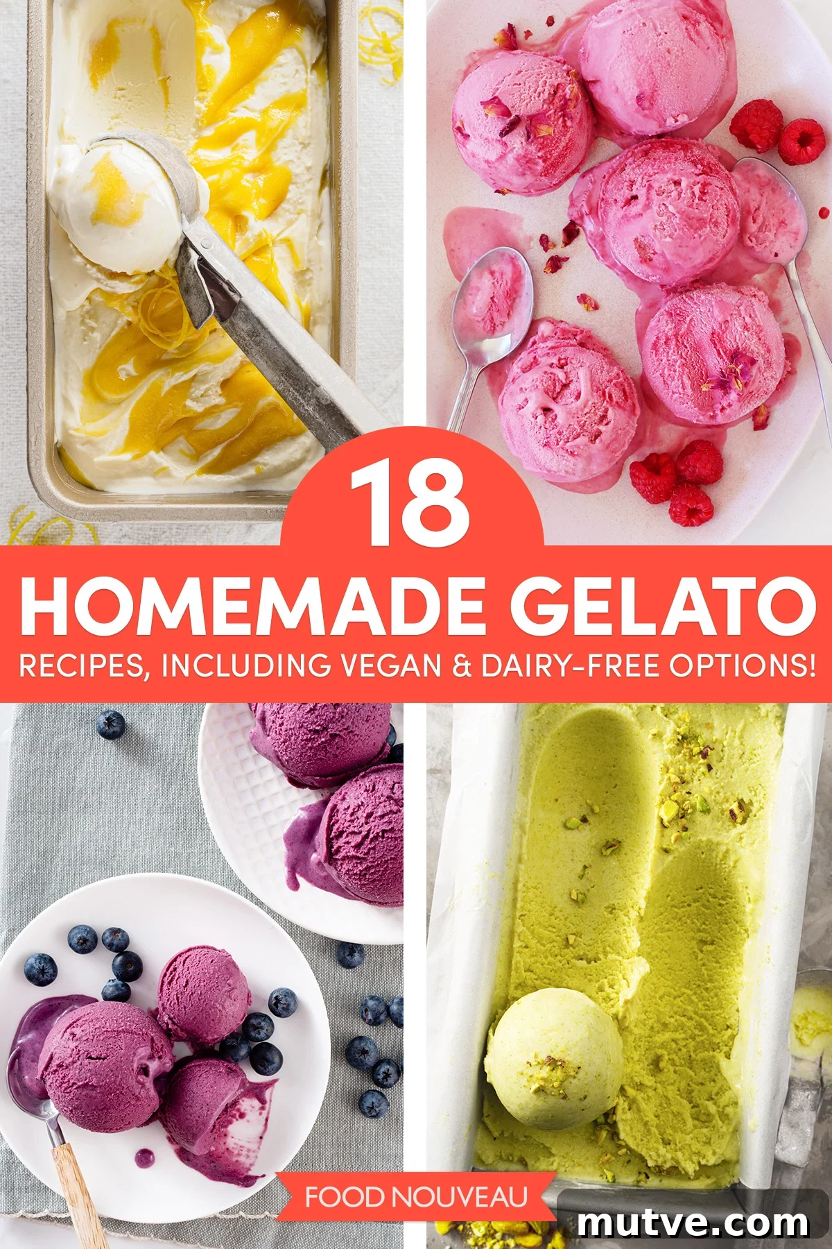 Four different flavors of homemade gelato are shown in scoops and tubs, topped with berries and fruit swirls. // FoodNouveau.com