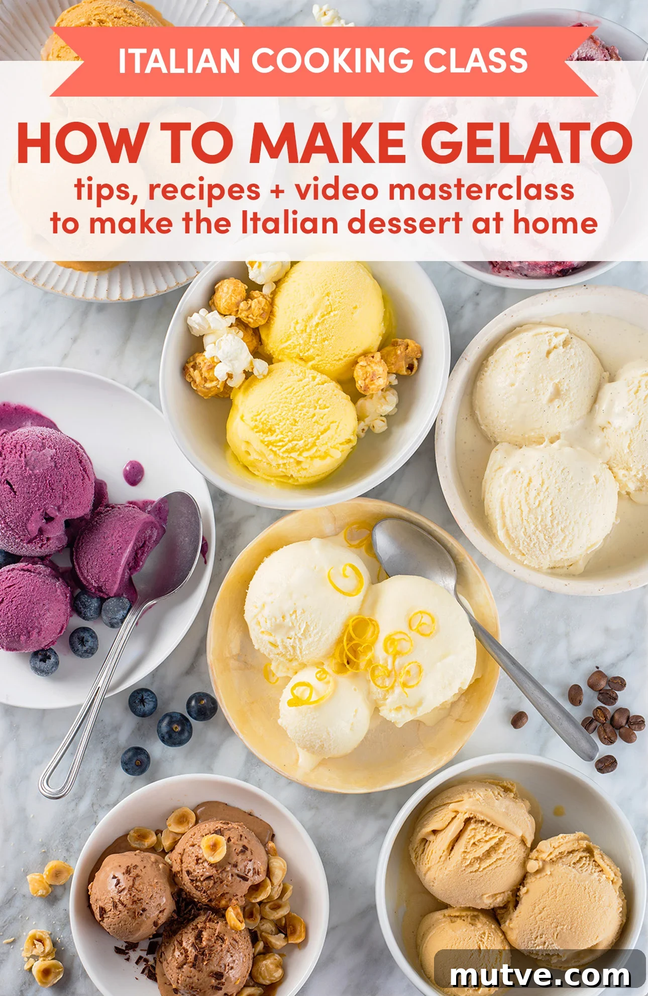 Top view of vibrant gelato bowls in yellow, purple, and brown, adorned with lemon slices, popcorn, blueberries, and nuts. // FoodNouveau.com