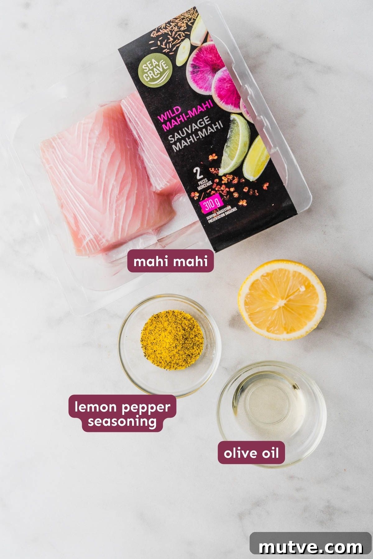 Crispy Air Fryer Mahi Mahi Recipe 3 ingredients for air fryer mahi mahi on a white background.