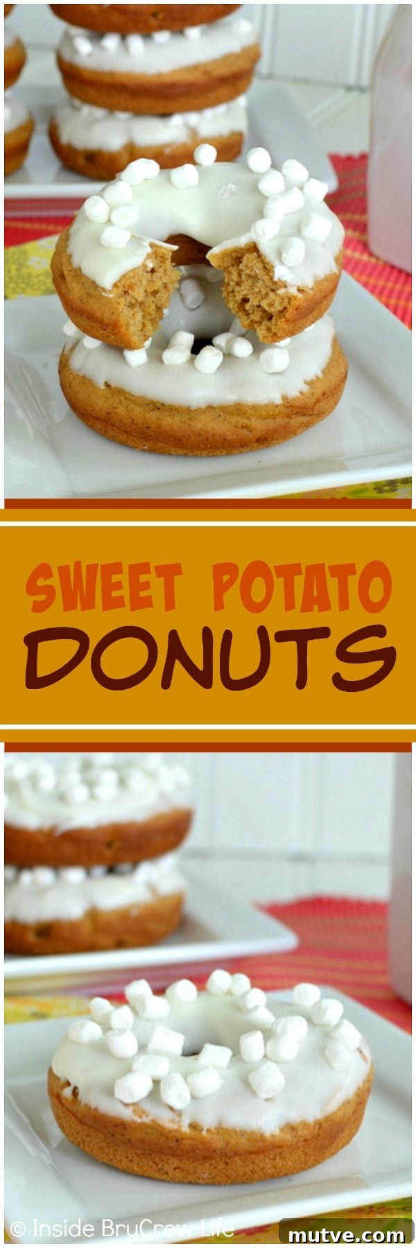 Sweet Potato Donuts - these easy baked donuts are loaded with spices and topped with white chocolate & marshmallow bits. Great fall breakfast recipe!