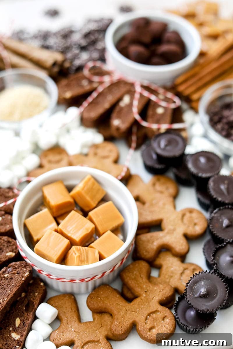 Hot Chocolate Bar Recipes and Ideas for Parties 3 White ramekins filled with chocolate truffles and caramels, with gingerbread men, biscotti, chocolate peanut butter cups, and more.