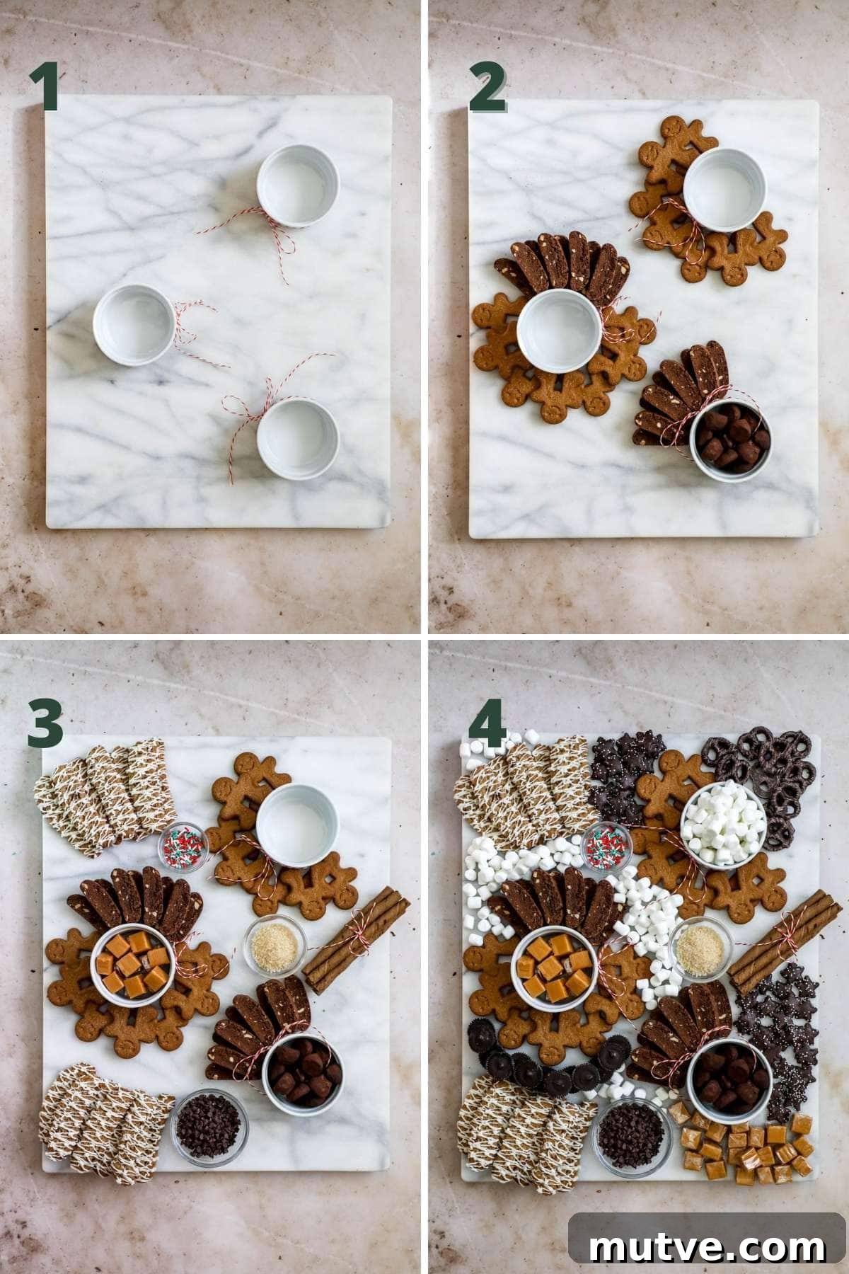 Hot Chocolate Bar Recipes and Ideas for Parties 4 How to Make a Hot Chocolate Bar steps on a marble pastry board.