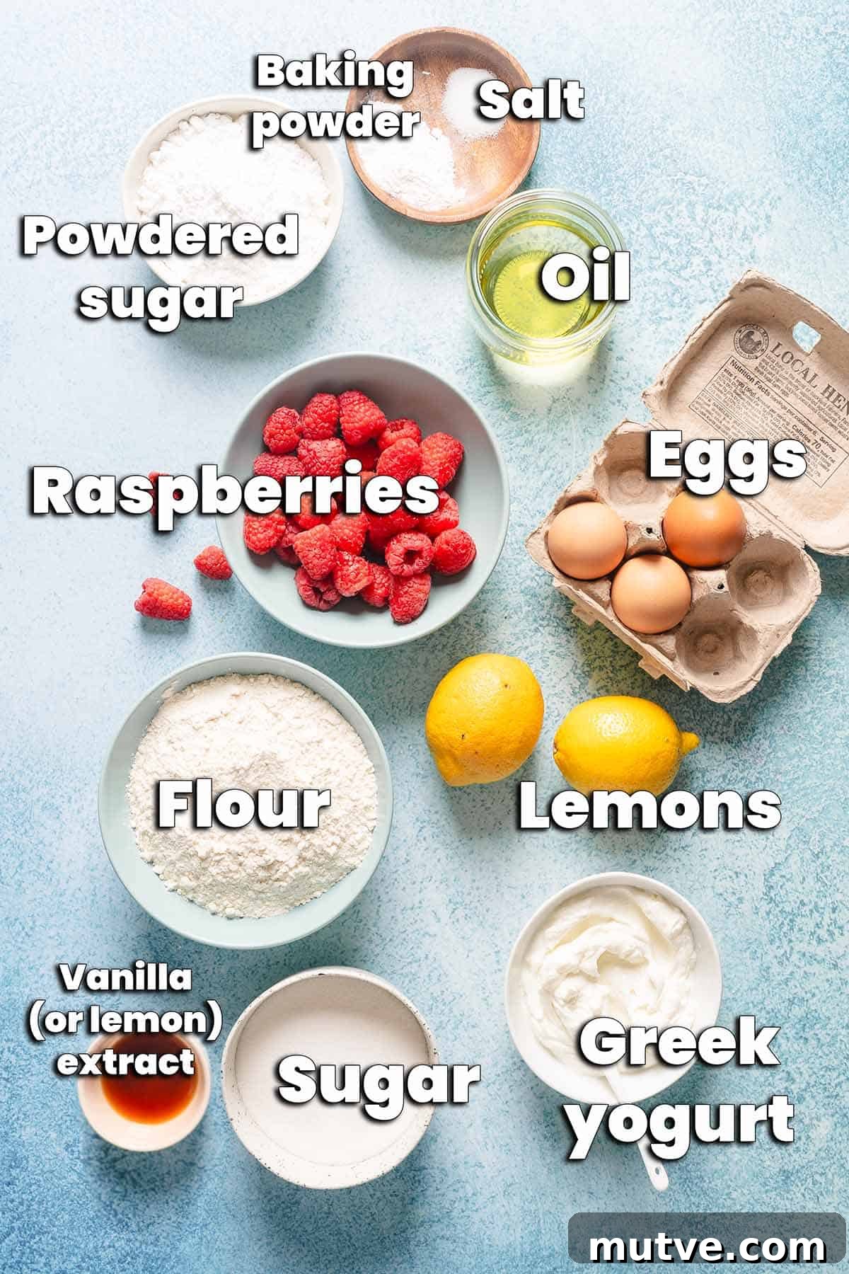 ingredients for raspberry lemon loaf with text labels.