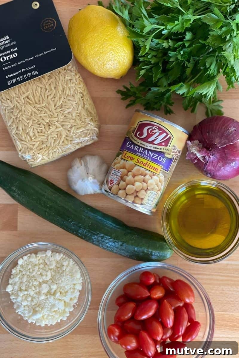Lemon Orzo Salad Recipe with Feta and Fresh Herbs 3 overhead photo of ingredients needed for recipe including garbanzo beans, feta, olive oil, tomatoes, cucumber, parsley, and red onion.
