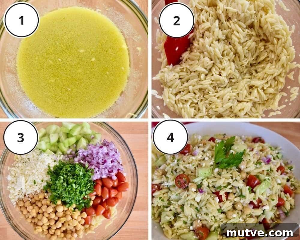 Lemon Orzo Salad Recipe with Feta and Fresh Herbs 4 process shots showing how to make recipe including the dressing and tossing everything in a large bowl.