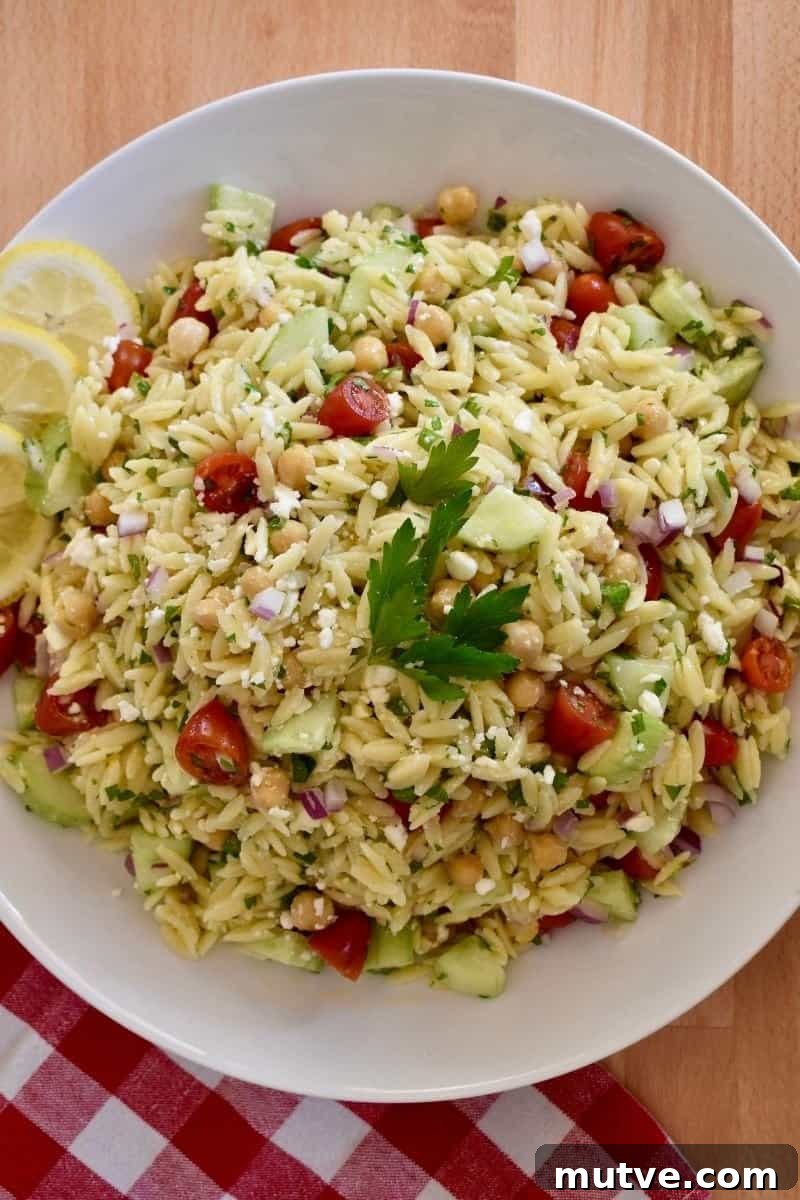 Lemon Orzo Salad Recipe with Feta and Fresh Herbs 6 Lemon Orzo Salad on a white plate with a checkered napkin underneath it.