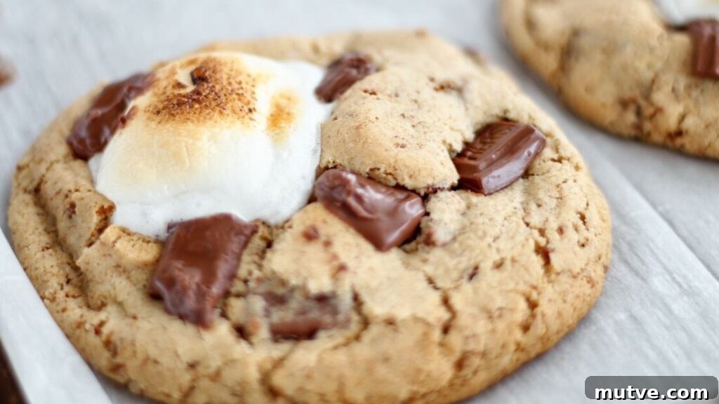 Gluten-Free Smores Cookies with Gooey Marshmallow and Chocolate 12 landscape view of two cookies on parchment lined baking sheet.