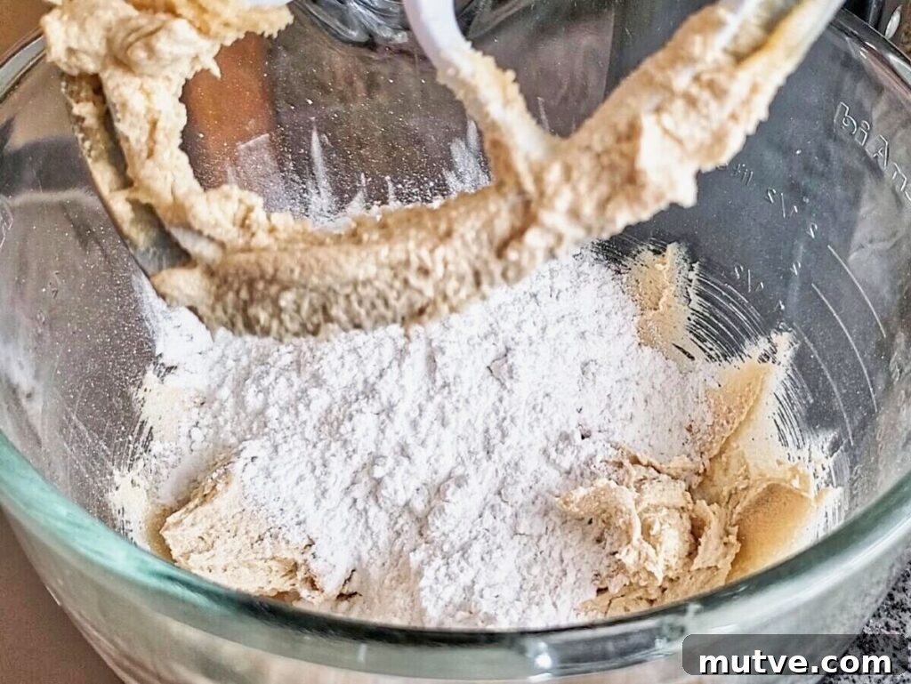 Gluten-Free Smores Cookies with Gooey Marshmallow and Chocolate 5 adding dry ingredients to wet ingredients in glass bowl.