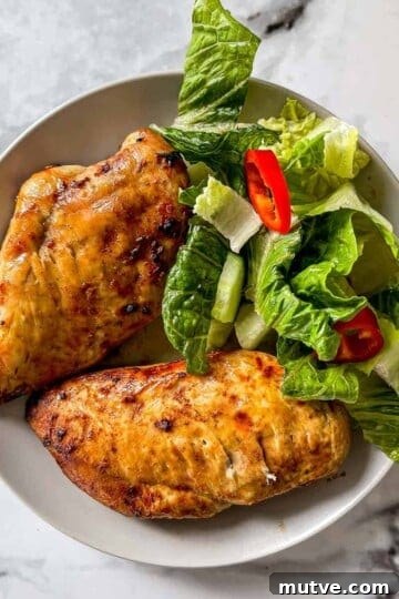 A closeup of chicken breasts on a plate with a salad.
