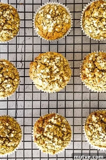 Baked apple oat muffins on a cooling rack.