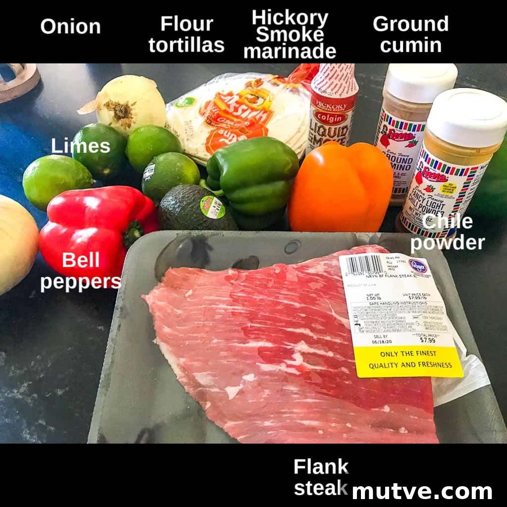 Sizzling Tex-Mex Fajitas Recipe with Peppers and Onions 3 Tex Mex Fajita ingredients labeled.