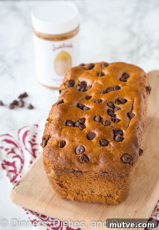Homemade Peanut Butter Chocolate Chip Bread Recipe 2 peanut butter chocolate chip bread on a board