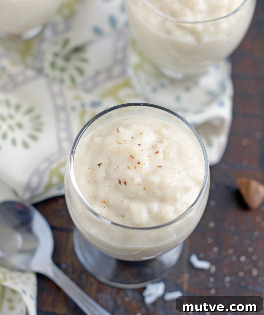 Spoon scooping creamy rice pudding