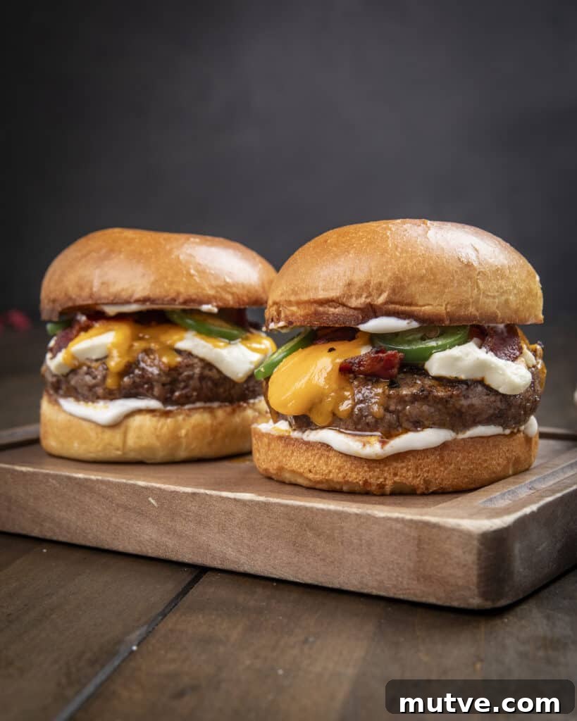 Jalapeño Popper Burgers Recipe: Stuffed and Cheesy 4 Close-up of burger toppings melting on patties