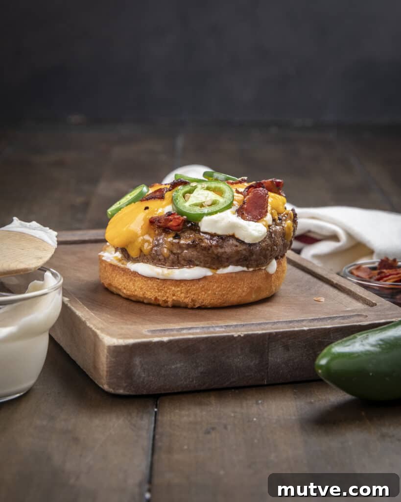 Jalapeño Popper Burgers Recipe: Stuffed and Cheesy 8 Assembled jalapeño popper burger on brioche bun