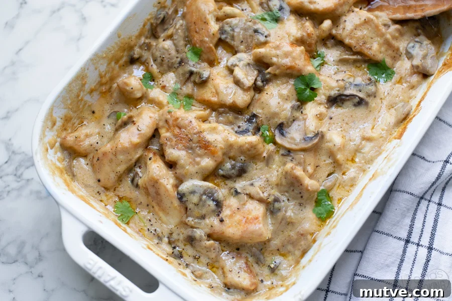 Gloria Chicken Casserole Recipe with Homemade Gravy 2 mushrooms and chicken casserole inside a 9x13 baking dish