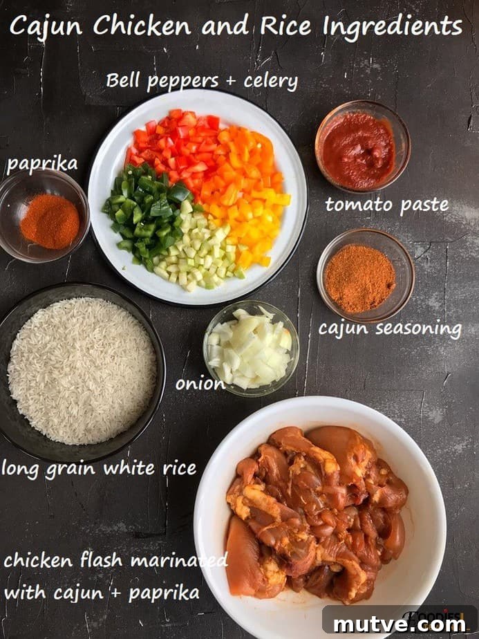 Instant pot cajun chicken and rice ingredients in bowls on a black surface