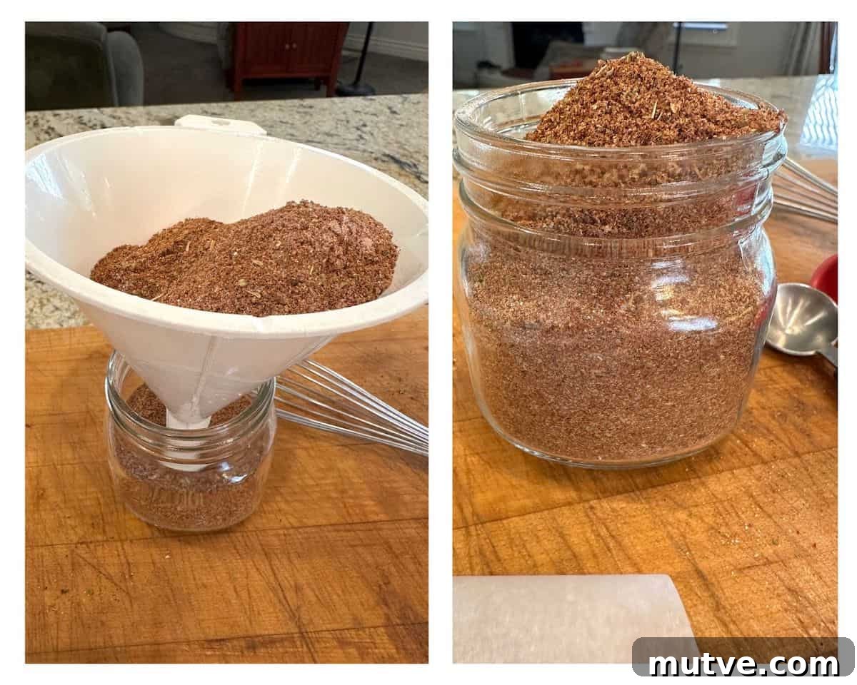 A funnel in a jar with taco seasoning and a jar full of the same seasoning.