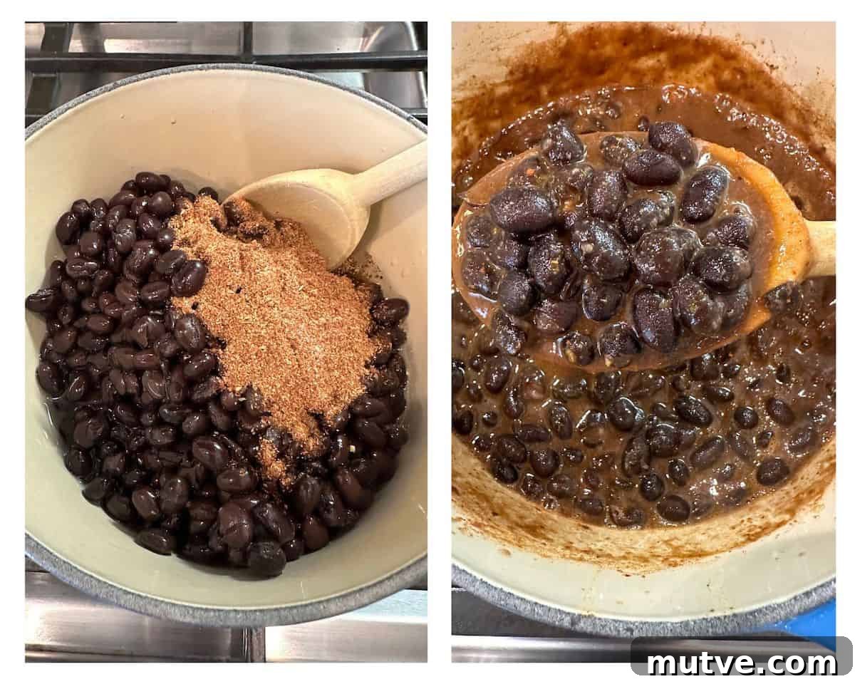 Two saucepans with beans and taco seasoning with a spoon on the side and a second photo with a spoon serving a scoop of beans.