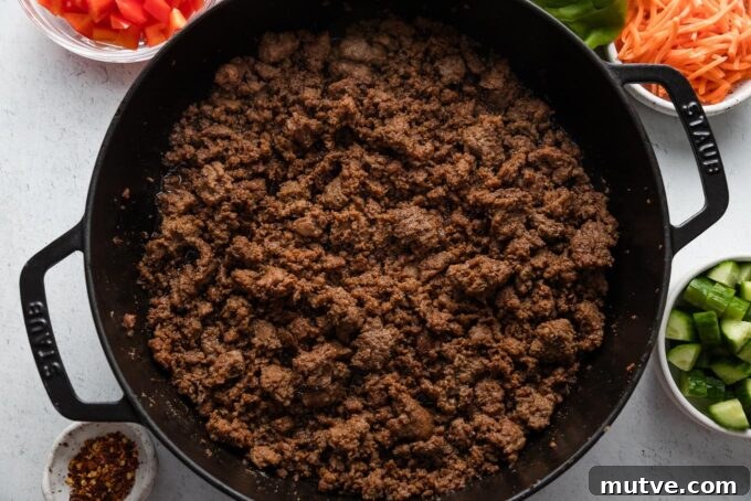 Korean Beef Lettuce Wraps Recipe with Gochujang Glaze 4 Ground beef browned and seasoned with a Korean beef-inspired sauce made from American pantry staples.