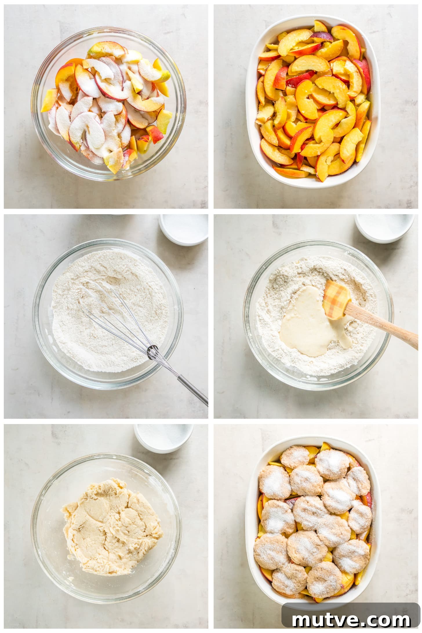photo collage demonstrating how to make peach cobbler in a casserole dish