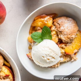 peach cobbler in a bowl with scoop of vanilla ice cream and sprig of mint leaves