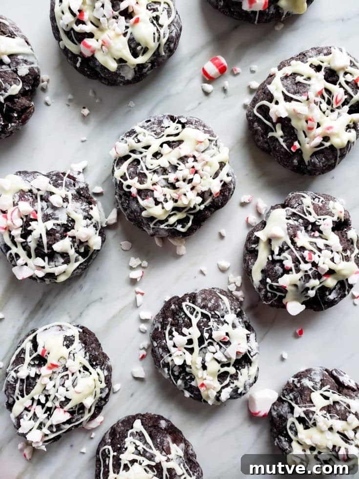 Peppermint Chocolate Cake Cookies 2 Overhead shot of cookies on white counter.