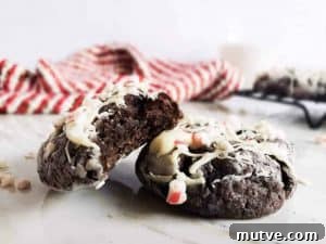 Peppermint Chocolate Cake Cookies 8 Two cookies with a bite taken out, on a marble counter.