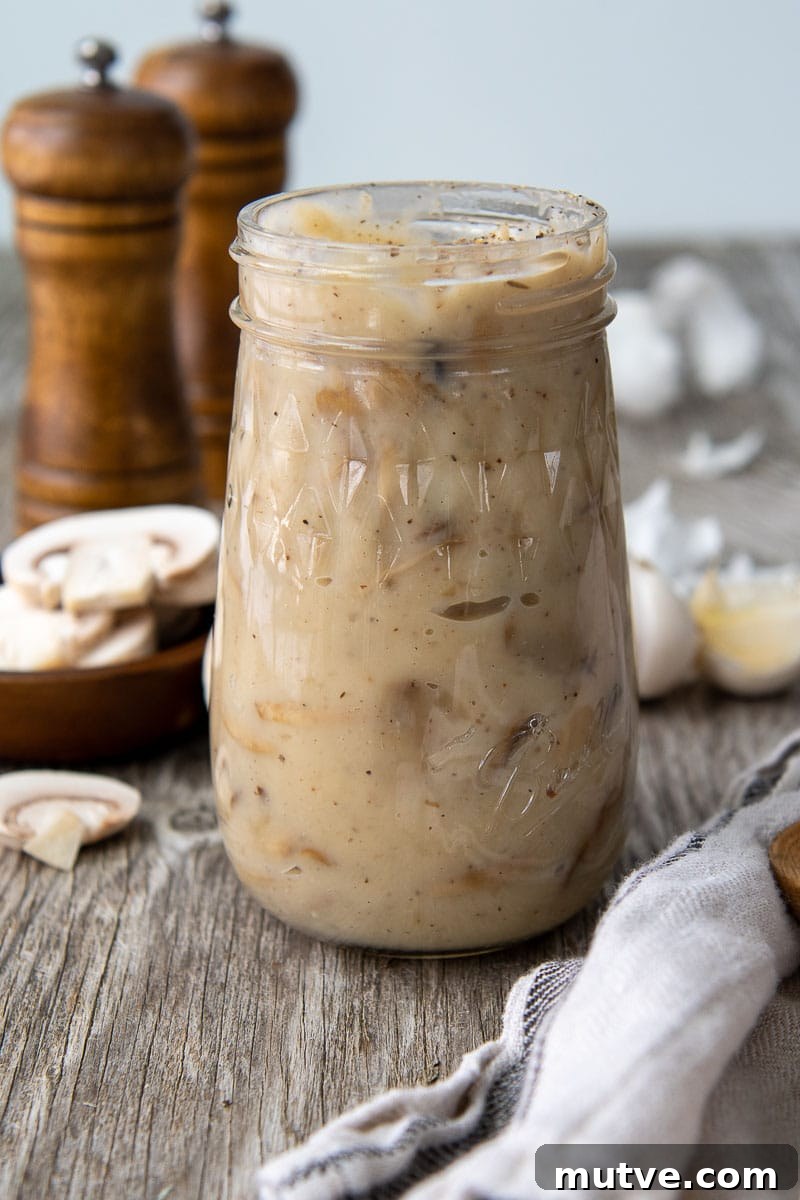 Gluten-Free Cream of Mushroom Soup Recipe 6 image showing condensed gluten free cream of mushroom soup in a glass jar