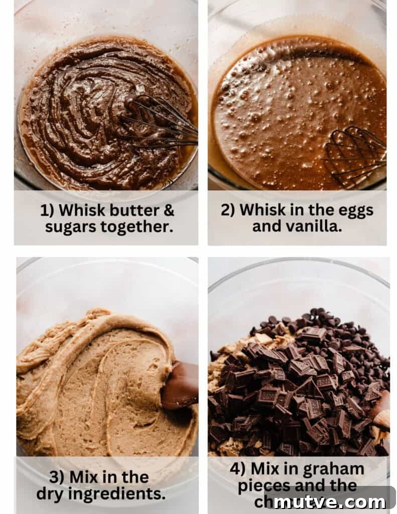 A collage of four images showing the cookie dough coming together.