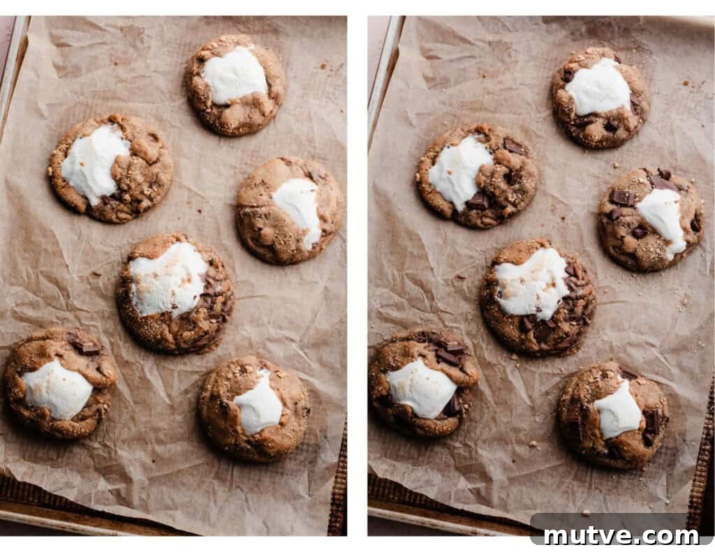 Two images showing the baked cookies and the baked cookies after being scooted. 